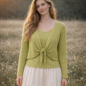 Coldwater Creek Linen Cotton Sweater Size S Lime Green Tie Front Y2K Cottagecore